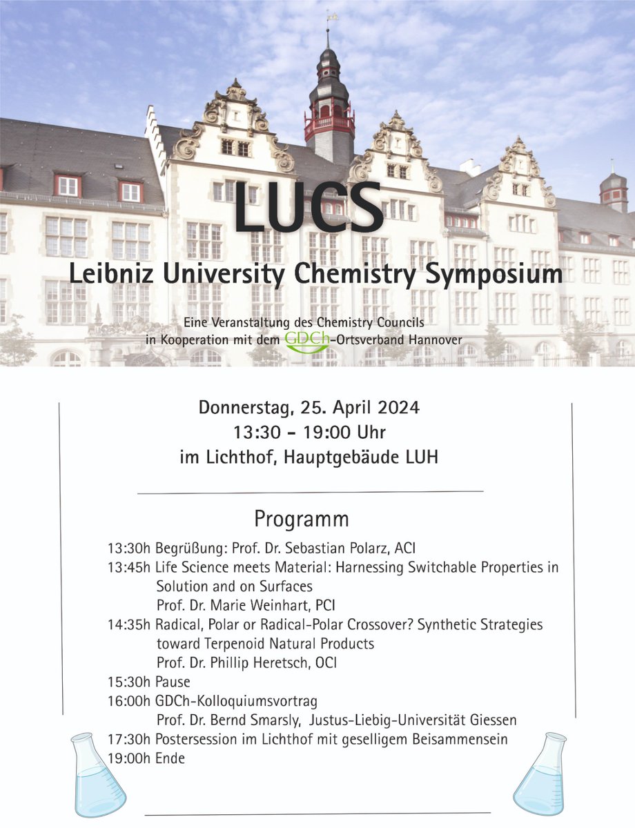 ⚠️ONE WEEK!!⚠️ In one week the Leibniz University Chemistry Symposium (LUCS) event will take place. Scientific talks 🗣️ + Poster session 📰+ Food 🥨& drinks🍻 = PhD dream🥳 @UniHannover @PostdocLUH @PhDLifePro