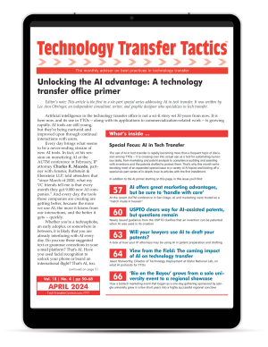 The April issue of Technology Transfer Tactics is a special edition focused on #AI and its impact on TTOs - check it out here: tinyurl.com/5n7bn2rzin #techtransfer