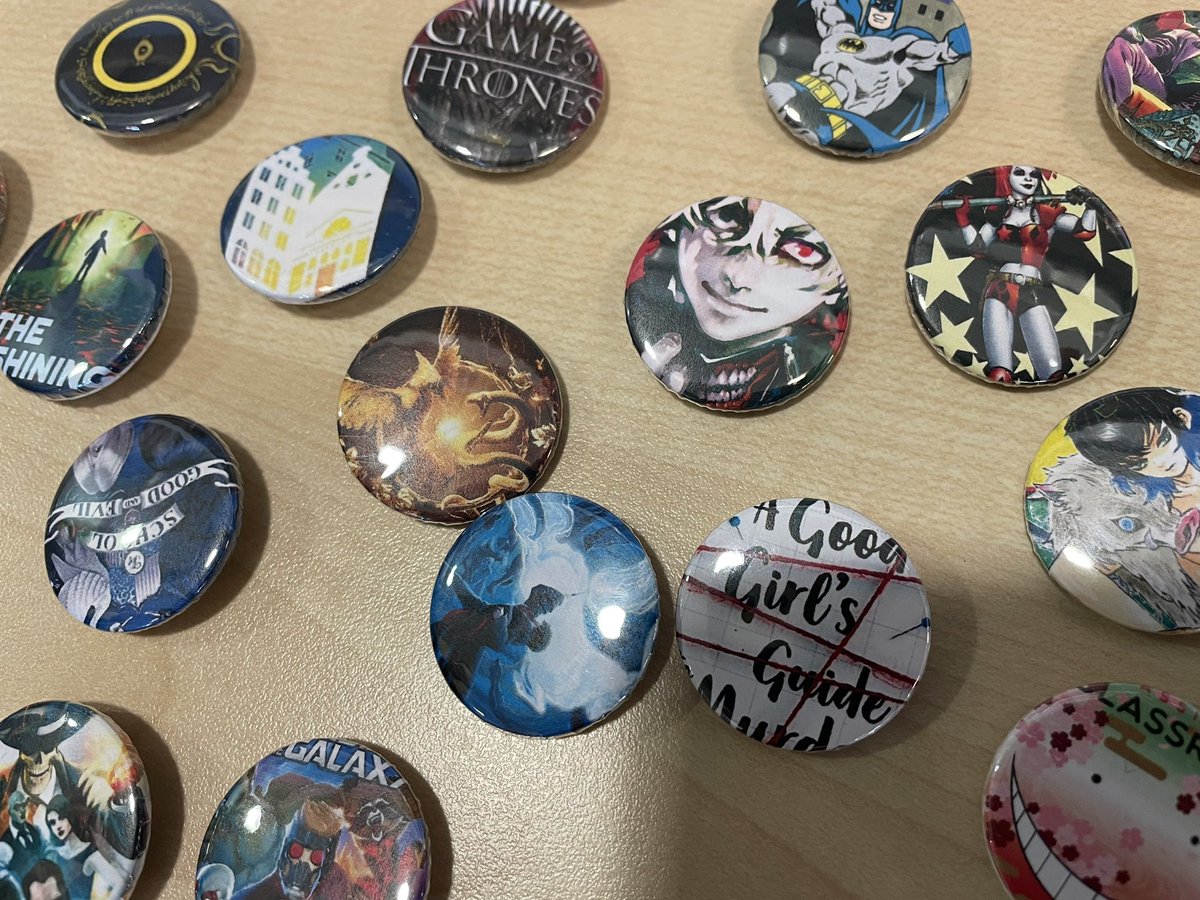 A lovely Year 9 student asked her friends for recommendations for badges and then created designs after school yesterday. Today she came at lunchtime and made the pin badges with our machine. Don’t they look good? We are going to sell for 15p each - what a bargain. @thomashardye