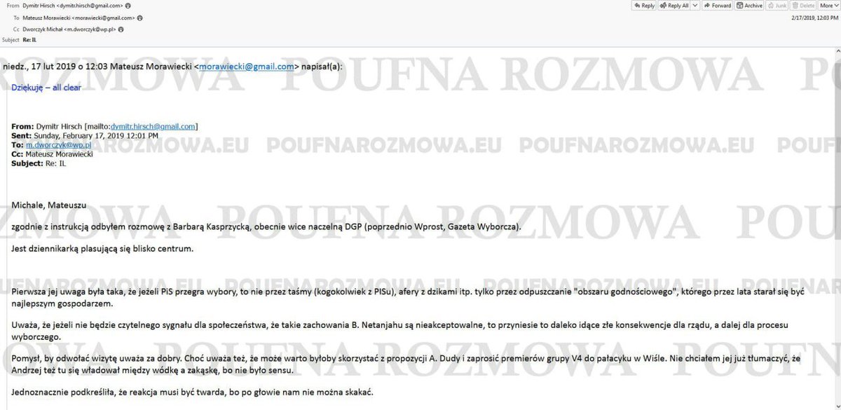 Po lekturze maila z Poufnej kilka pytań do @BKasprzycka 0. Czy pani podważa treść maila? Jeśli nie: 1 Czy doradzanie M Morawieckiemu było odpłatne? 2 Czy redakcja @DGPrawna była świadoma tego udzielania porad rządowi PiS? 3 Czy wiedziała pani o powiązaniach Hirscha z RU? 1/2