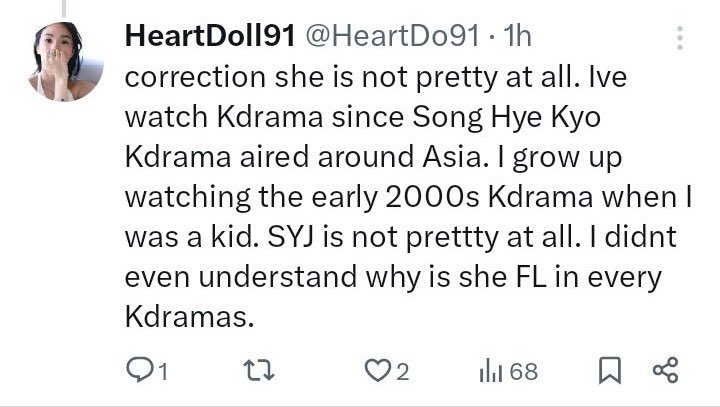 I started to watch Kdrama/Kmovie early 2000s, the beauty of FLs stand out were Han ga-in(Witch Yoo Hee),Son Yejin(Summer Scent), JJH(Daisy).Never got the beauty of SHK! I didn’t even understand why she was FL in DOTS while Kim Ji-won was way prettier &acting better than her.