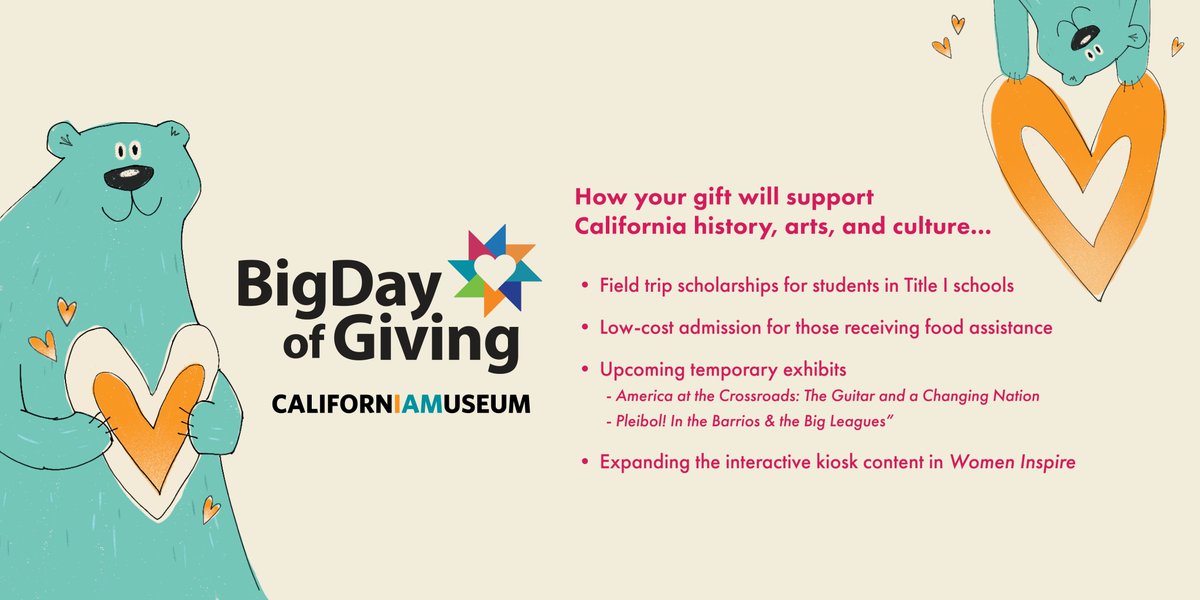 It's #BigDayofGiving time again! We hope you'll consider supporting the California Museum with one of your BDOG donations. Early Giving starts today - can you get us off to a great start? bigdayofgiving.org/californiamuse…