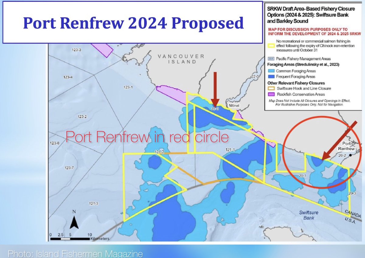 Look how significant of an area the government is proposing to close off to Port Renfrew’s Recreational fishers. The claim: It will protect foraging for Southern Resident Killer Whales. Fishermen say it will devastate the community’s economy & Chinook salmon is plentiful.