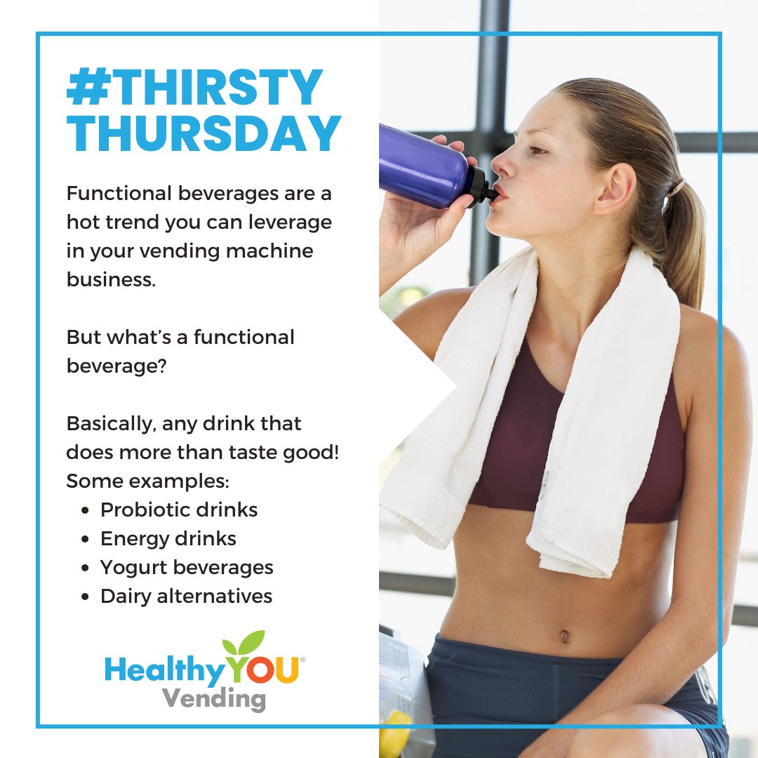 Functional beverages are a hot trend you can leverage in your #vendingmachinebusiness. Keeping your demographic’s preferences in mind, consider stocking drinks that boost mood, relaxation, focus or energy! 
#thirstythursday #healthyyouvending #beveragetrends #growyourbusiness