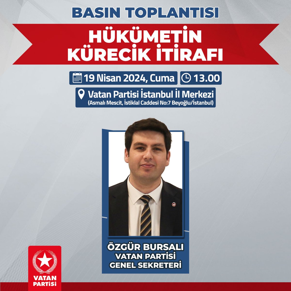 Genel Sekreterimiz Özgür Bursalı 19 Nisan günü (yarın) saat 13.00'te İstanbul İl Merkezimizde 'Hükumetin Kürecik İtirafı' konulu basın açıklaması yapacaktır.