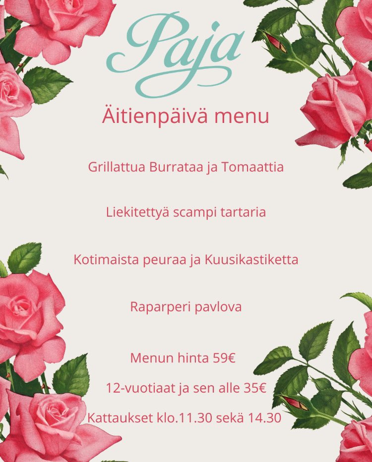 Hemmottele äitiä herkullisella päivällisellä🌹

Paja Jyväskylä
#äitienpäivä