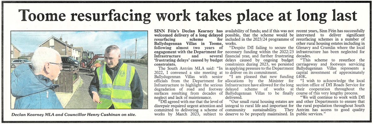 ‘We will continue to work with DfI & other departments to ensure the rural population throughout South Antrim has access to good quality public services.’ @AntrimGuardian #WorkingForAll