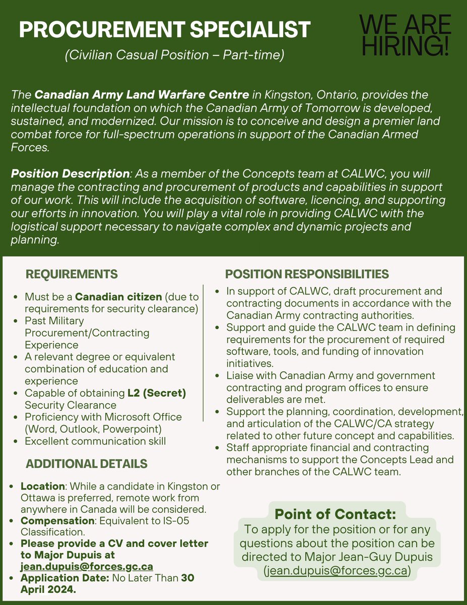 🇨🇦Exciting opportunity alert! 🇨🇦

The Canadian Army Land Warfare Centre is hiring. If you have the skills & interest, please apply to join the coolest team ever (take my word for it). Pl share with anyone who may be interested. #casualhiring #hiring #canadianarmy #canmiltwitter