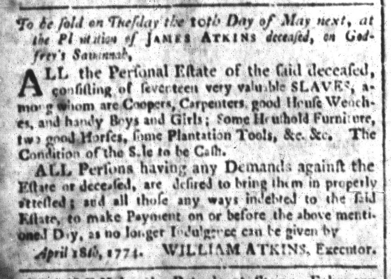 Newspapers published during the era of the American Revolution contributed to the perpetuation of slavery. Advertised 250 years ago today: “To be sold, seventeen very valuable slaves whom are coopers, carpenters, good house [women].” (SC and American General Gazette 4/22/1774)