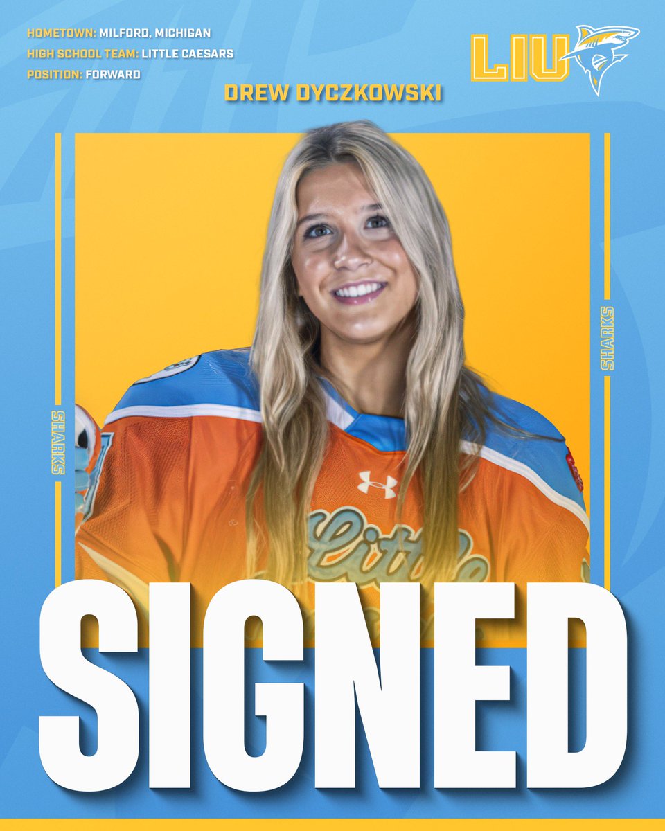 LIUWHockey's tweet image. Introducing our 2024 incoming class! Welcome to Shark Nation Drew, Kristen, Peyton, and Crosby! #FinsUp🦈