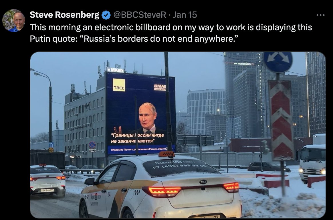 @DortmundaBerlin War interessanterweise heute bei allen russischen Propagandisten ein Thema. In Russland spricht man hingegen weiter imperialistischen Klartext. Hier zur Erinnerung Putins Spruch in Moskau im Januar: 'Russlands Grenzen enden nirgends'