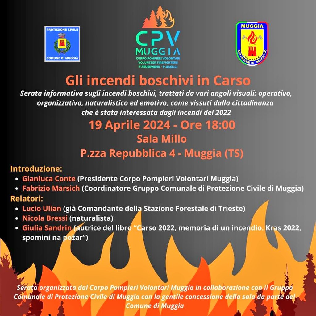 Vi aspetto domani sera a #Muggia per una SERATA INFUOCATA 🔥 Assieme a @lucioulian e Giulia Sandrin, cercheremo di capire come prevenire gli incendi e come gestirli (e possibilmente come spegnerli presto) alla luce delle nuove conoscenze e dell'#InquinamentoClimatico.