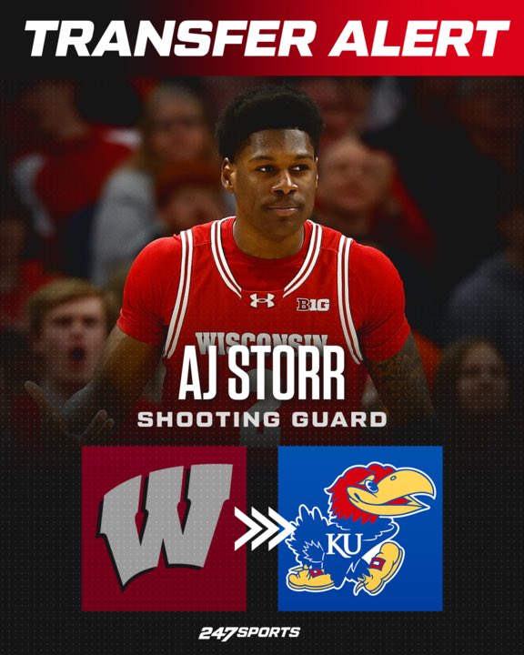 𝙉𝙀𝙒𝙎: Wisconsin transfer AJ Storr has committed to #Kansas, a source tells @247Sports. Storr was one of the top available players in this year's portal cycle. STORY | 247sports.com/college/basket…