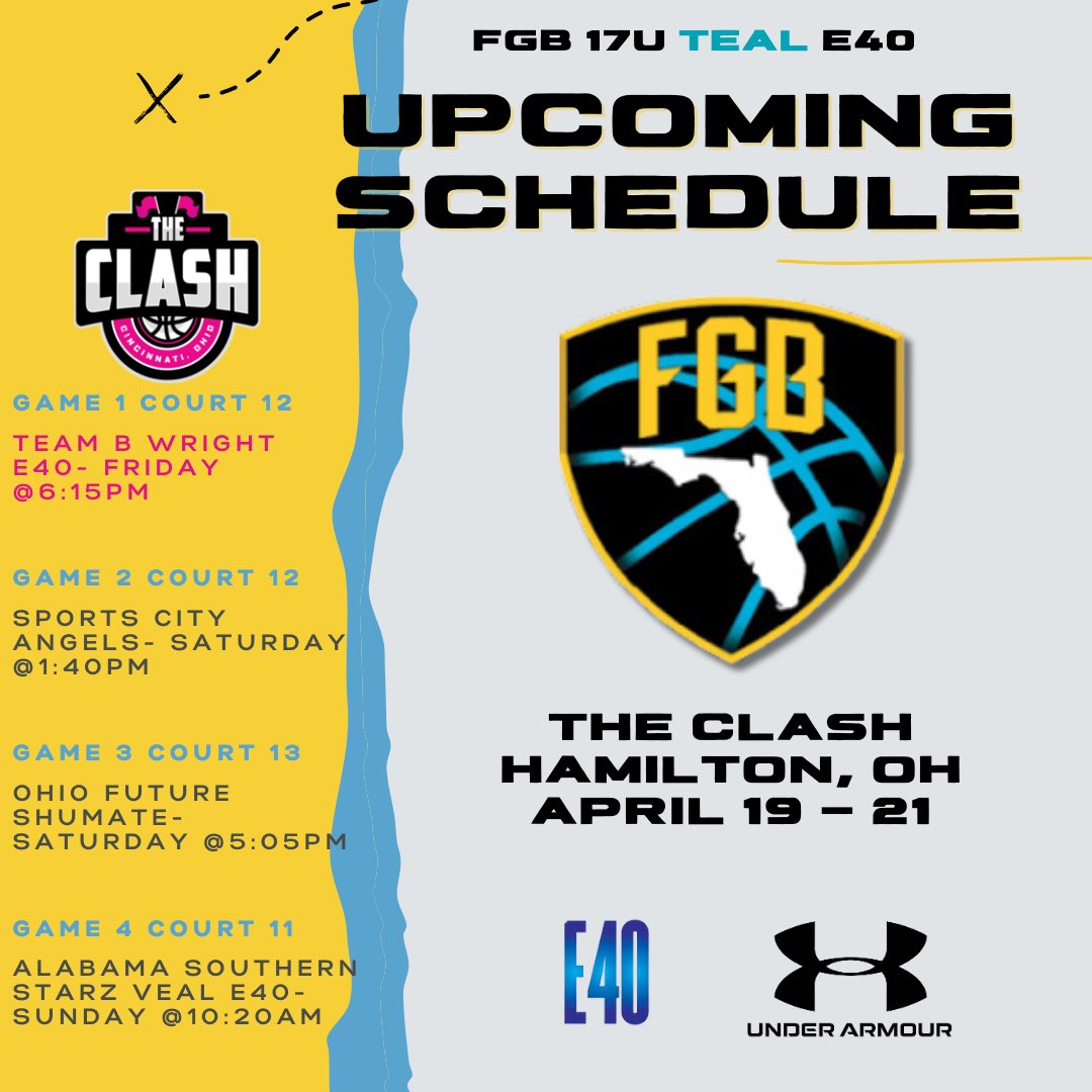 Looking forward to competing with my team this weekend! Here is our schedule for The Clash! @FGBvsEveryone @FGBelite2025 @SelectEventsBB