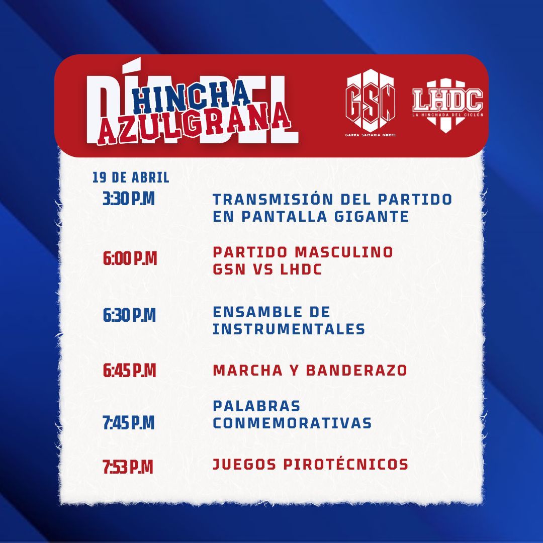 19 de abril DÍA DEL HINCHA AZULGRANA 🔵🔴🔵🌪️🌪️

Bananero ponte tú camiseta y saca tu bandera que cumple el Ciclón. Los esperamos a todos y todas en el parque San Miguel desde las 3:30 de la tarde para que juntos celebremos nuestro día como hinchas. 

#SomosLaHinchada
#UnionMag