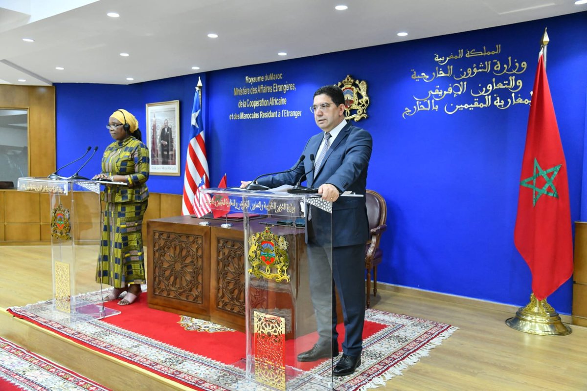 Marocdiplo_EN's tweet photo. 🇲🇦-🇱🇷| Joint press conference between MFA Nasser Bourita and his Liberian counterpart, Ms. Sara Beysolow Nyanti. https://t.co/DlBIoQ8fWw