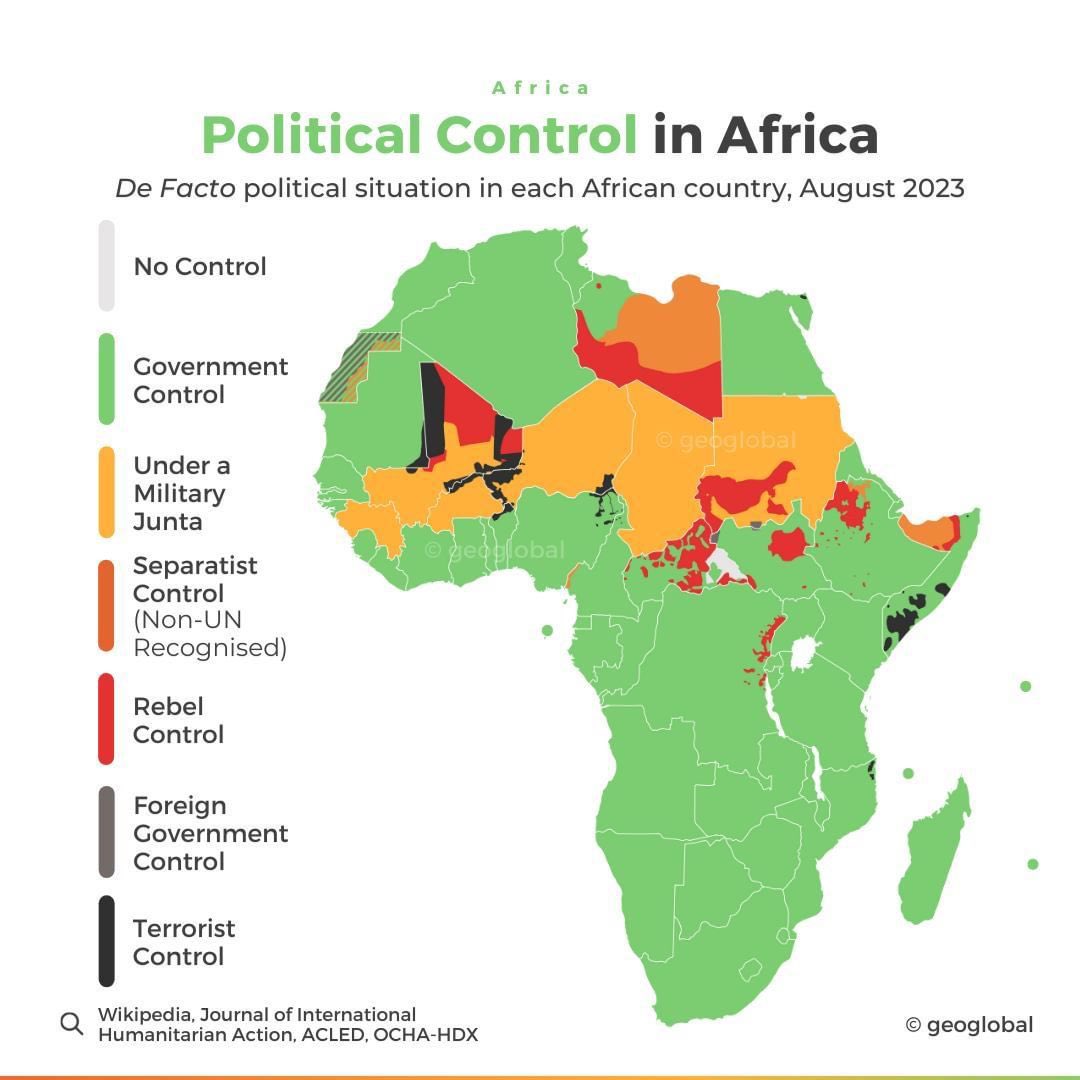 …que nous dit cette carte? Notons que tous les pays orange sont des pays du Sahel… et c’est dans ce groupe de pays qu’on retrouve aussi deux autres couleurs : rouge et noir… où le rouge indique un contrôle du territoire par des forces rebelles, et le noir, un contrôle par des