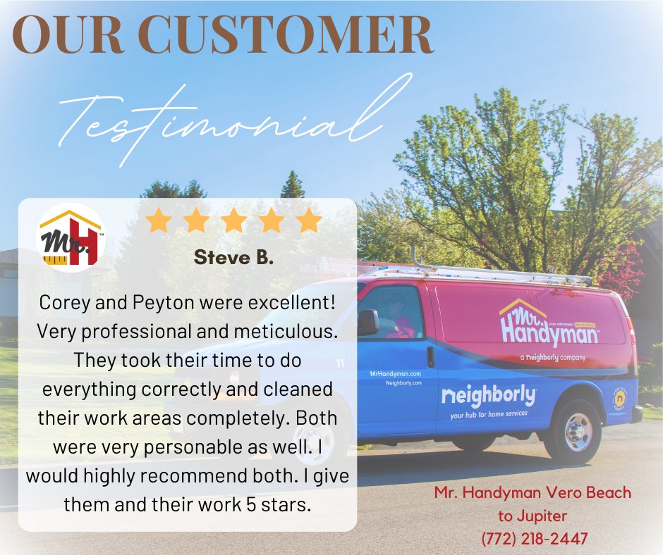 Thank you, Steve, for your 5-star review!!

#5StarReview #GoodReviews #Reviews #ReviewsNearMe #HappyCustomer #MrHandyman #Handyman #HandymanServices #BestHandyman #BestHandymanNearMe #HandymanNearMe #ReliableHandyman #Stuart #PortSaintLucie #FortPierce #HobeSound #VeroBeach...