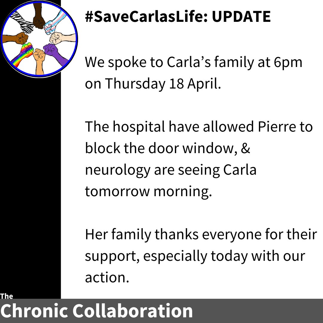 UPDATE 6pm 18/4 #SaveCarlasLife: Thanks to YOU - yes, ALL of YOU - Carla's dad has been able to block the door window off AND neurology will be seeing Carla first thing tomorrow. This is thanks to the community's action. Not us, not a charity - YOU. Remember that #ExposeMENow