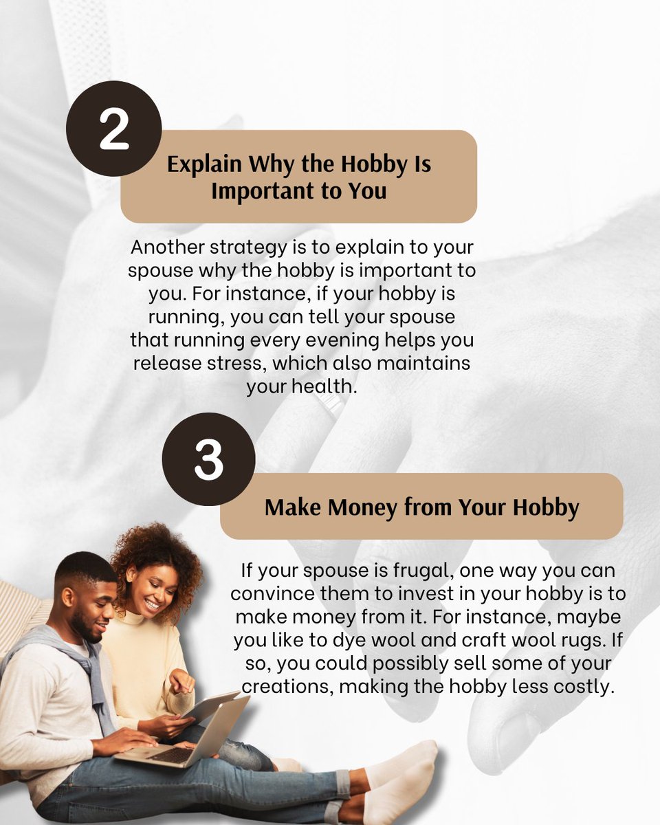 savingadvice's tweet image. Hobbies are important, but getting your spouse on board with your hobby may be a challenge. These tips can help you get on the same page!

#InvestedInPassions #HobbyHustle #Newlyweds #SavingAdvice