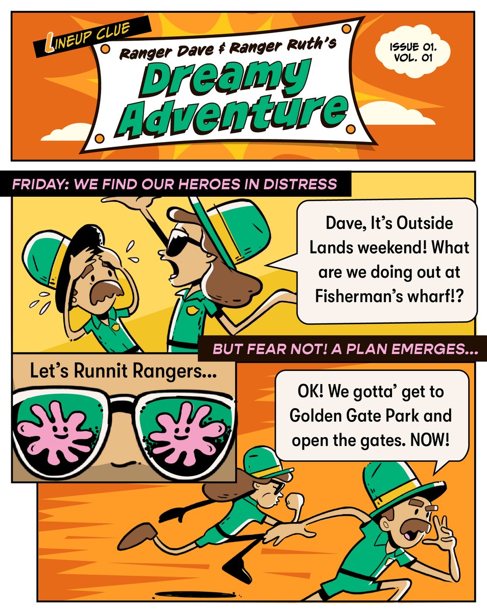 sfoutsidelands's tweet photo. introducing this year's lineup clues - comic book style! join ranger dave and ranger ruth on their dreamy adventure.

there are 3 clues in Volume 1. be sure to check the dialogue and the illustrations 👀

🎨: @andthemdesign https://t.co/brMEV20Vbz