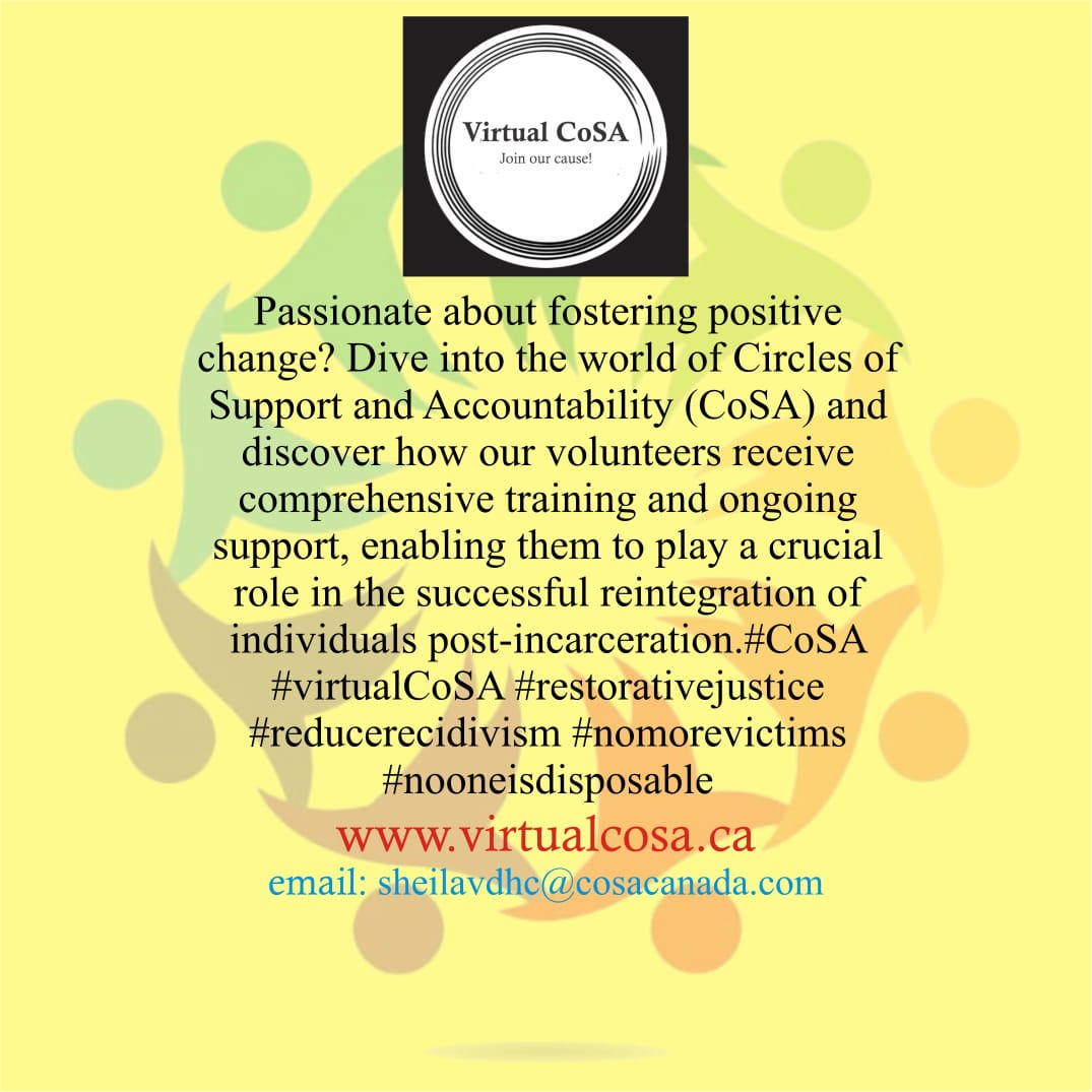virtualcosa's tweet photo. Passionate about fostering positive change? Discover how our volunteers play a crucial role in the successful reintegration of individuals post-incarceration. #CoSA #virtualCoSA #restorativejustice #reducerecidivism #nomorevictims #nooneisdisposable https://t.co/uvRjP5vbH5