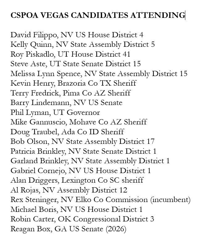 Aside from overt bigotry and call for the formation of militia cells, one of the things that stood out at #CSPOAVegas was the shocking number of county/state/federal candidates in attendance. More than twenty announced themselves during the day. Here's @IREHR's initial list.