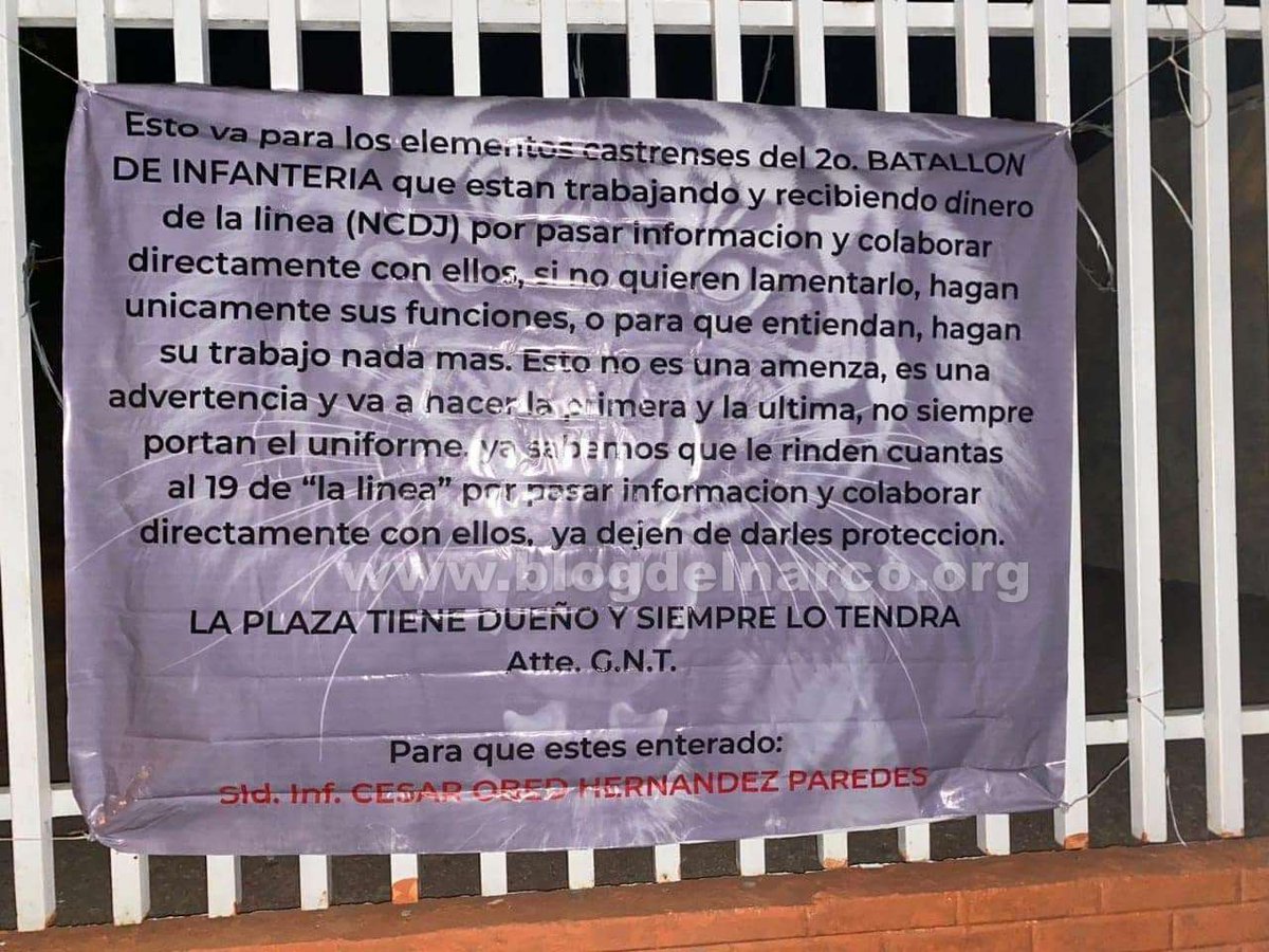 Gente Nueva del Tigre no puede con La Línea (NCDJ) y acusa en Narcomantas en Cuauhtémoc, Chihuahua, al ejercito de apoyarlos (Información en el enlace) blogdelnarco.org/2024/04/gente-…