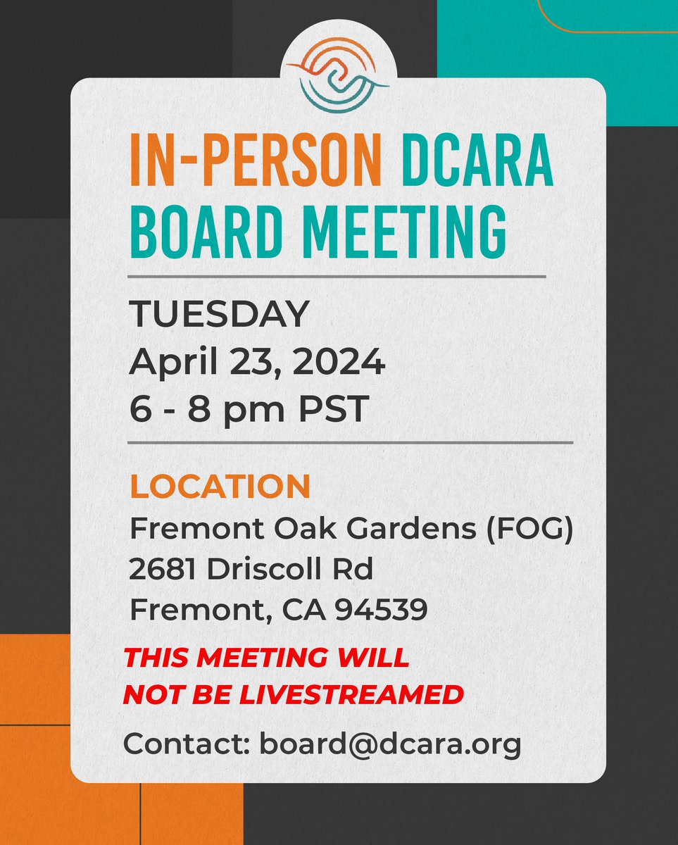 Come and join our in-person DCARA Board Meeting on Tuesday, April 23, 2024 in Fremont, CA.

When: Tuesday, April 23, 2024

Time: 6-8 PM

Where:
Fremont Oak Gardens (FOG)
2681 Driscoll Rd.
Fremont, CA 94539

Agenda: dcara.org/about-us/board/

#DCARABoard #DeafCommunity #DCARA1962