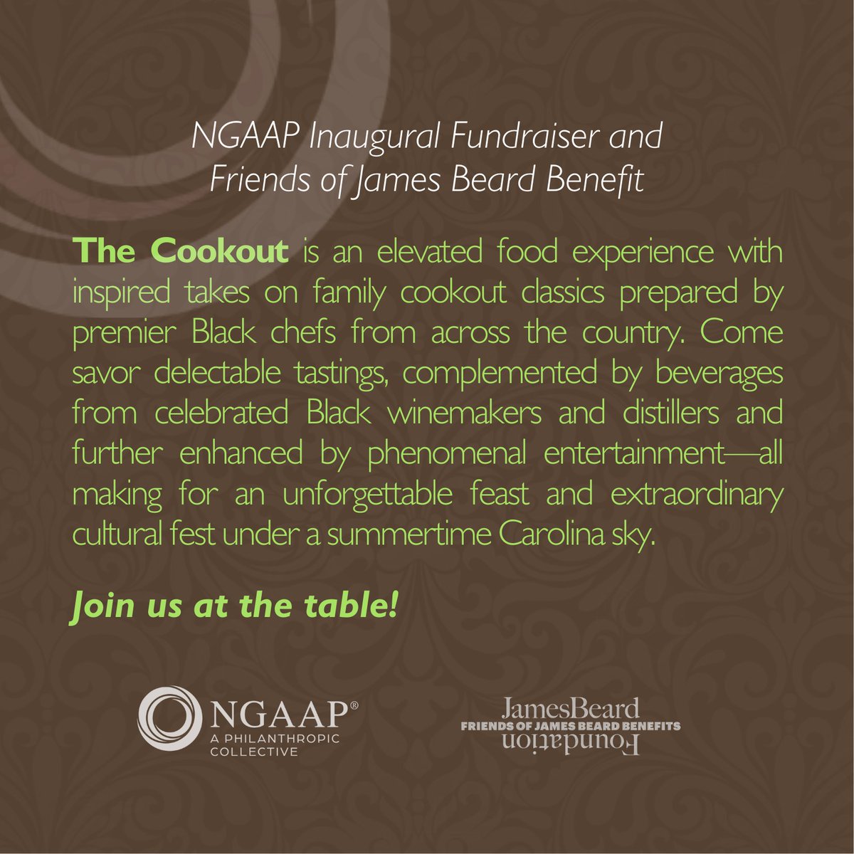 For the first time in 18 yrs, #NGAAPclt will hold its *inaugural* fundraiser and Friends of James Beard Benefit on June 29.

Trust, you will not want to miss The Cookout. It’s set to be 🔥

Stay tuned for deets and your invitation to The Cookout!