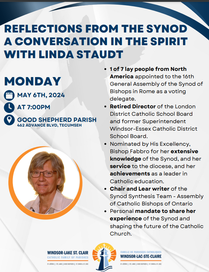 Former Superintendent Linda Staudt attended The Synod in Rome last fall and will share her thoughts on the experience during a conversation on May 6. <a href="/Staudt1/">@Staudt1</a>