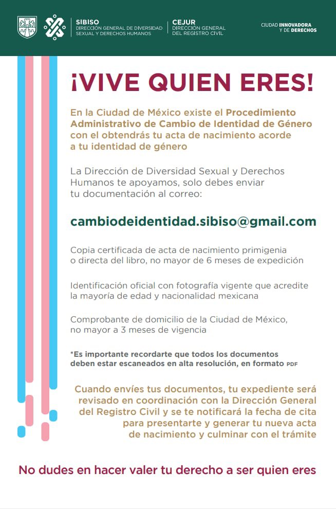 #FelizJueves En el @GobCDMX protegemos tu derecho para realizar tu cambio de #IdentidadDeGénero. Te apoyamos brindándote la orientación para realizar el trámite administrativo correspondiente. Manda un 📧: cambiodeidentidad.sibiso@gmail.com ¡Vive quien eres!🏳️‍🌈🏳️‍⚧️