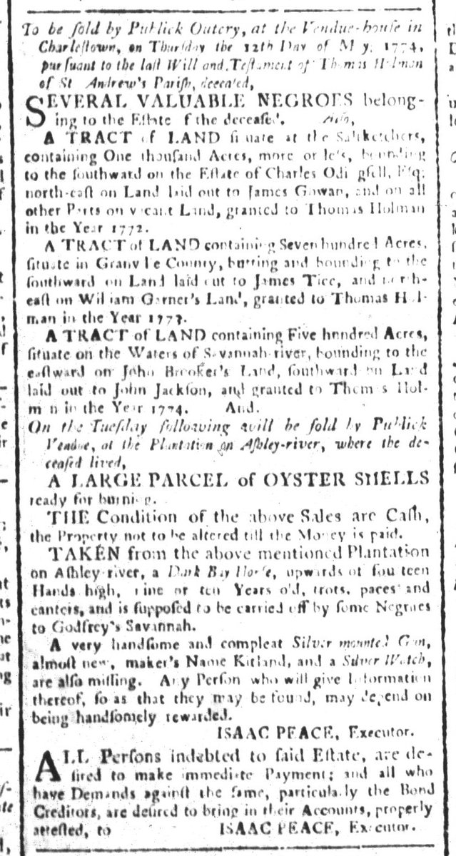 Newspapers published during the era of the American Revolution contributed to the perpetuation of slavery. Advertised 250 years ago today: “To be sold several valuable negroes belonging to the state of the deceased.” (South Carolina and American General Gazette 4/22/1774)