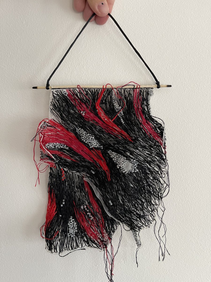 “Particula numero quattuor”, 
hand embroidery on upcycled tulle. 
⚡️Available & affordable with free worldwide shipping 

#abstractart #embroidery #embroideryart #abstractembroidery #embroideryartist #darkart #darkartist #textileartist #fiberartist #textileart #fiberart