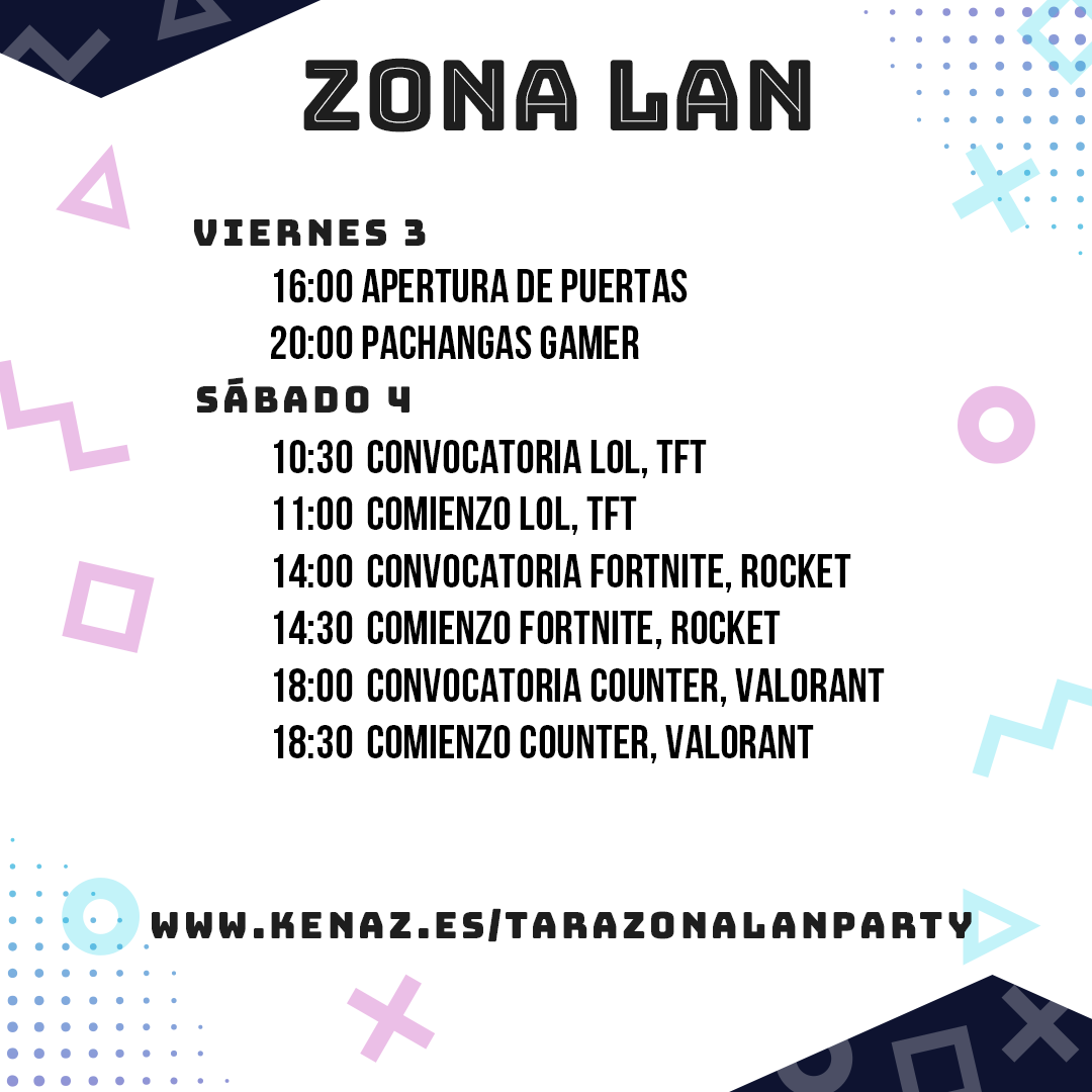 KenazESports's tweet photo. 🎉¡Ya tenemos los horarios de Tarazona Gamer Party 2024!

La zona LAN PARTY con una entrada de 20€ en al que se desarrollan 6 torneos y puedes disfrutar 50h de la zona LAN.

#Valorant #leagueofleguens #counterstrike2 #teamfighttactics #RocketLeague #fortnite https://t.co/1HAPbAV1MD