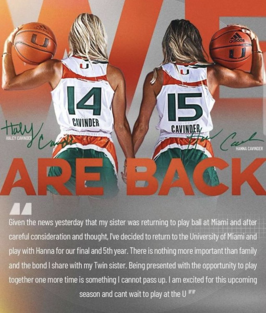 The Twins are Back to @CanesWBB The Canvinder Twins: @CavinderHanna and @CavinderHaley are back with the squad! Let's get it, #MetroRailBoyz™️ Squad Members! #Miami #MiamiHurricanes #Basketball #CanesBasketball #CanesWBB #CoralGables #Canes #Hurricanes #Yo #LetsGo