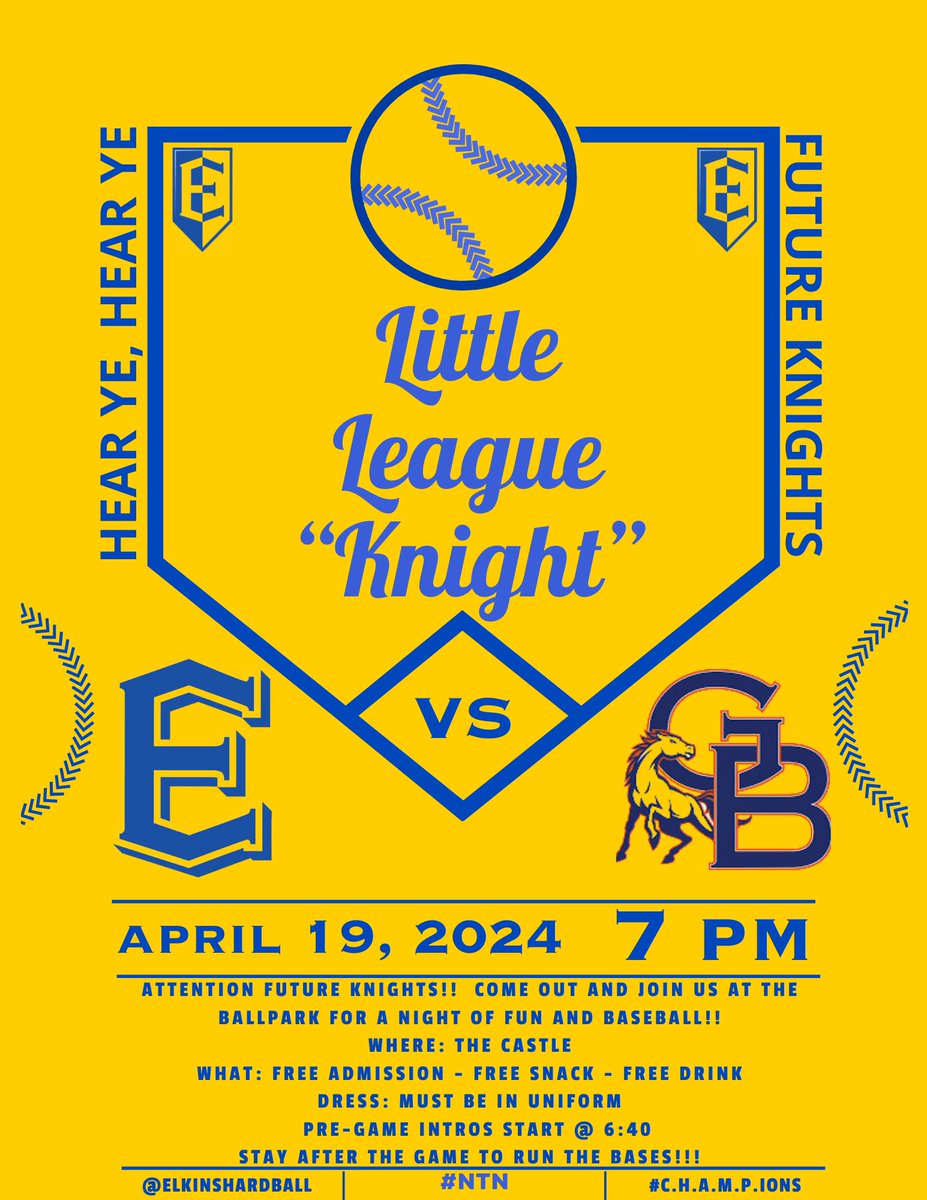 Little Leaguers...come out and join us for a fun night at the Castle! Wear your uniform...get there early for announcements...grab a snack for the game...cheer on your Knights...stay late to run the bases! #KnightLife @EHS_Knightswire