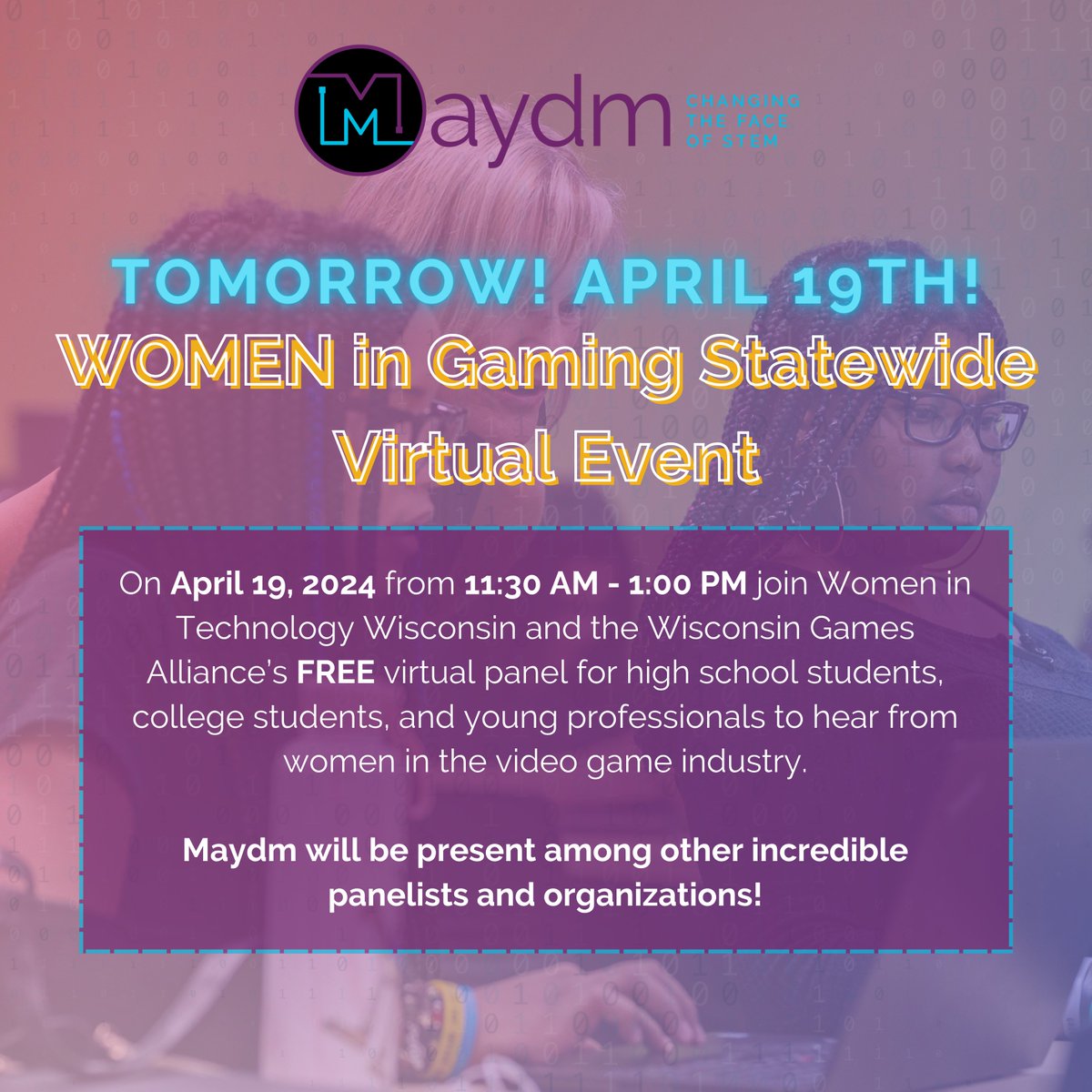 Maydm supporters! Don’t miss out on this awesome event tomorrow, April 19th, from 11:30 AM - 1:00 PM on Zoom! We hope to see all our gamers there. 🎮 Register here, witwisconsin.com/event-5566250