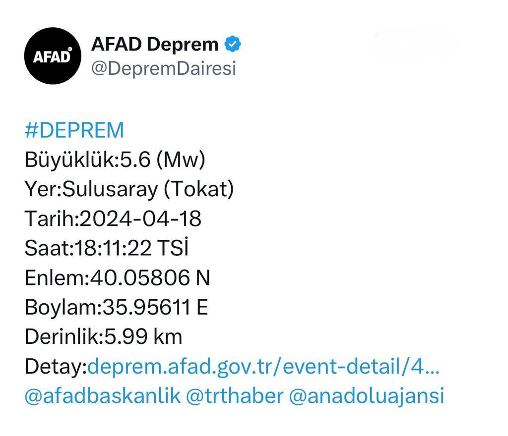 Tokat ilimizde meydana gelen ve çevre illerden de hissedilen 5,6 büyüklüğündeki depremden etkilenen vatandaşlarımıza geçmiş olsun. Rabbim ülkemizi ve milletimizi her türlü afetten muhafaza etsin. #deprem