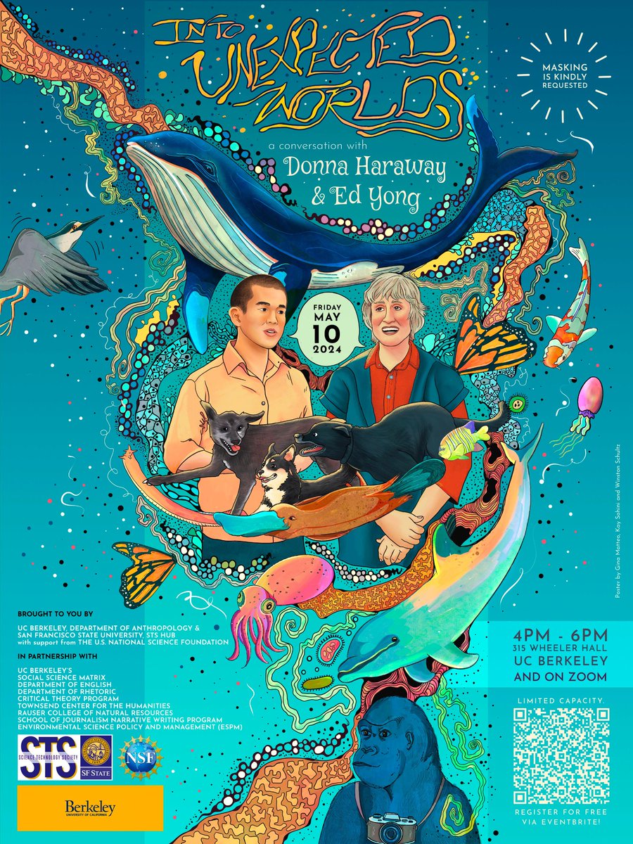 With colleagues at @SFSU’s STS Hub and @UCBerkeley, and with the support of @NSF and other sponsors, I am excited to invite you all to this event on Friday 5/10: “Into Unexpected Worlds: A Conversation with Donna Haraway and Ed Yong” In person and via Zoom. Masking is requested