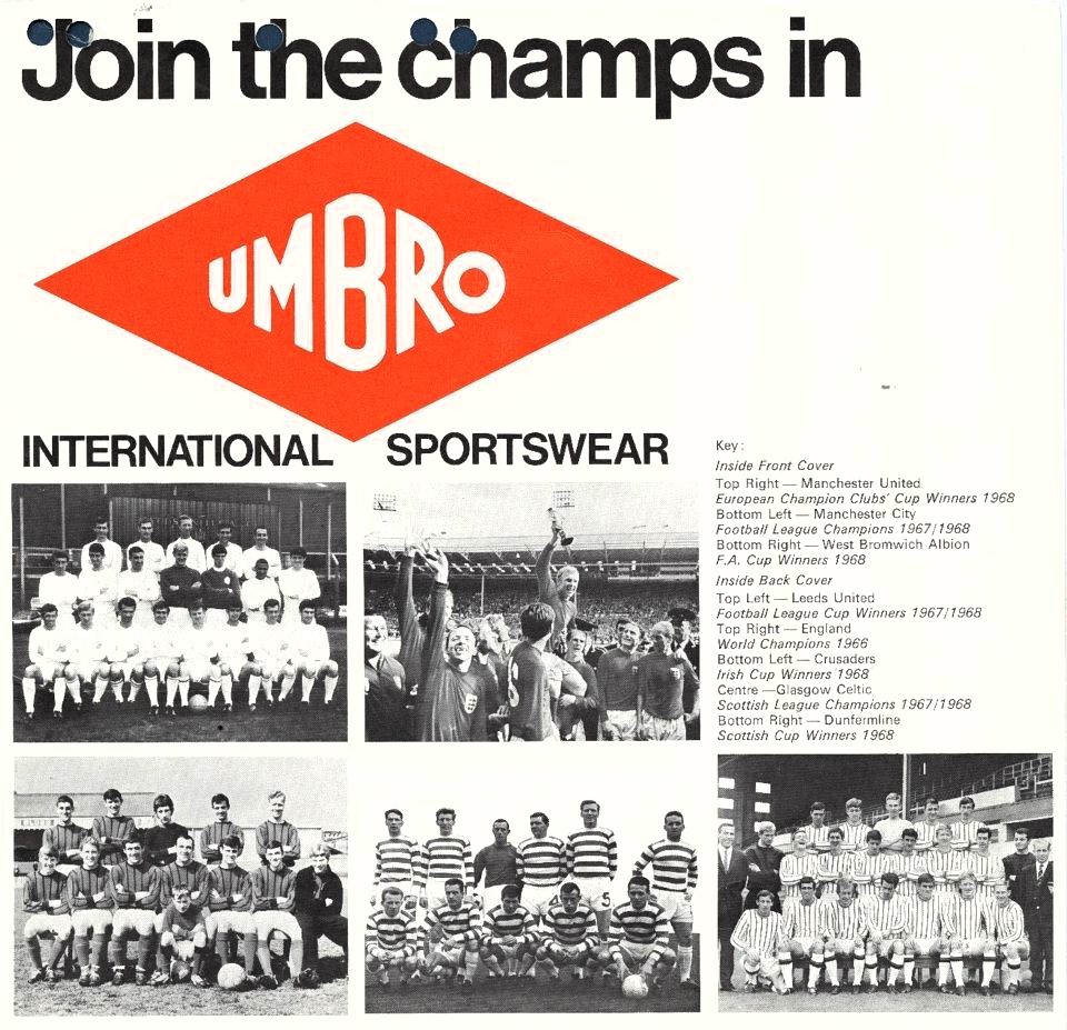 Umbro advert from 1968 showing Celtic as Scottish league champs and Dunfermline as Scottish Cup winners.