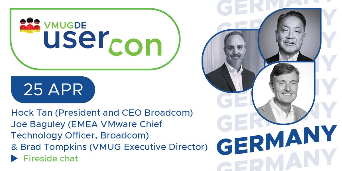 In EMEA? Don't miss this <a href="/MyVMUG/">VMware User Group</a> Germany UserCon on April 25! 

Featuring fireside chat/keynote from Hock Tan, @BradTompkins &amp; <a href="/JoeBaguley/">J8y</a> - plus breakouts from community favorites <a href="/MarcHuppert/">Marc Huppert</a> <a href="/DuncanYB/">Duncan Epping</a> and more.  

Register today ➡️ ow.ly/7SHj50RfamQ
