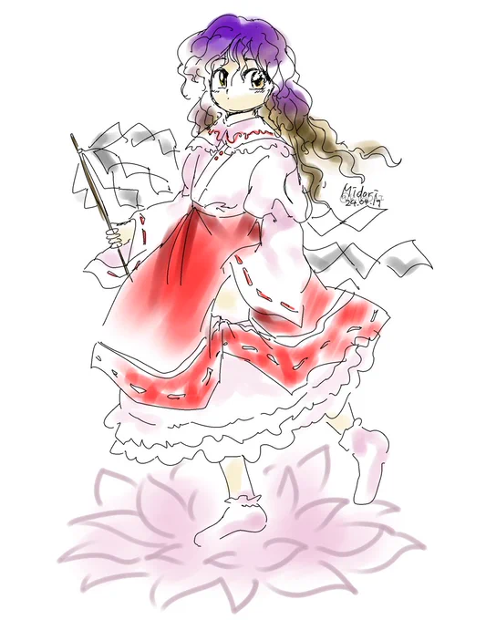蓬莱少女繪幻想的幻想巫女…のつもりだったのに。髪の毛を茶色に塗ったら、聖白蓮にソックリだったので、そのまま舵を向けて寄せました。巫女服の白蓮って大丈夫なんでしょうか?…という落書
