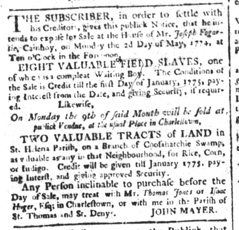 Newspapers published during the era of the American Revolution contributed to the perpetuation of slavery. Advertised 250 years ago today: “Eight valuable field slaves one of whom is a compleat waiting Boy.” (South Carolina and American General Gazette 4/22/1774)