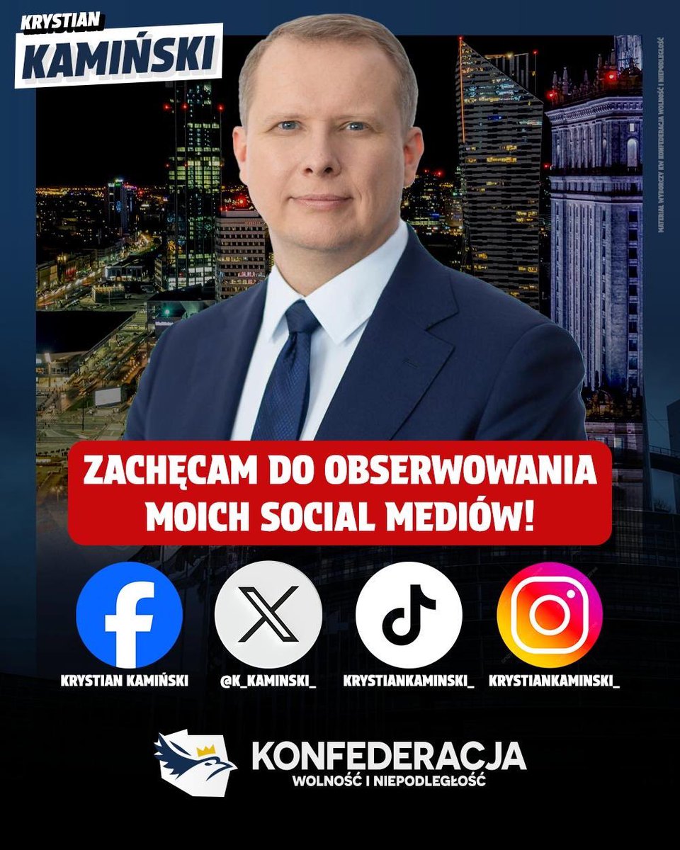 Serdecznie zachęcam do zaobserwowania moich profili w mediach społecznościowych, by być na bieżąco! 🤍♥️ Trwa kampania wyborcza do Parlamentu Europejskiego, mam zaszczyt otwierać listę w Warszawie i powiatach podwarszawskich. Poznajmy się 🤝🏼 ✅ TikTok: tiktok.com/@krystiankamin……