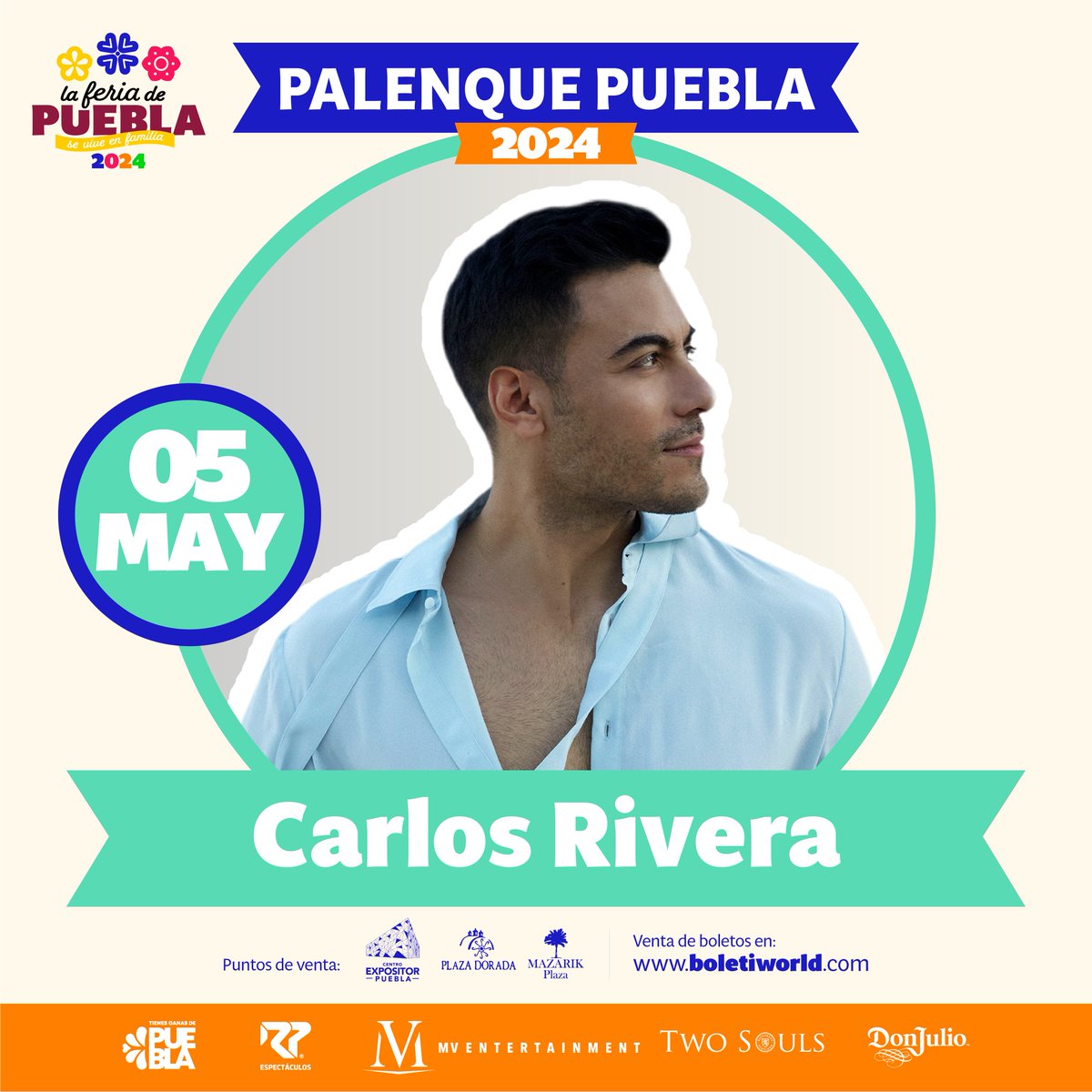 ¡No te lo puedes perder! @_CarlosRivera se presentará este #5deMayo en el Palenque de la @FeriaPuebla. Compra tus boletos 🎟 en boletiworld.com. La #FeriaDePuebla🎡, #SeViveEnFamilia 🤠🎶🎺🪗🤩