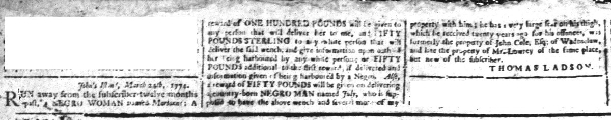Newspapers published during the era of the American Revolution contributed to the perpetuation of slavery. Advertised 250 years ago today: “Run away a negro woman named Mariane also a negro man named July.” (South Carolina and American General Gazette 4/22/1774)