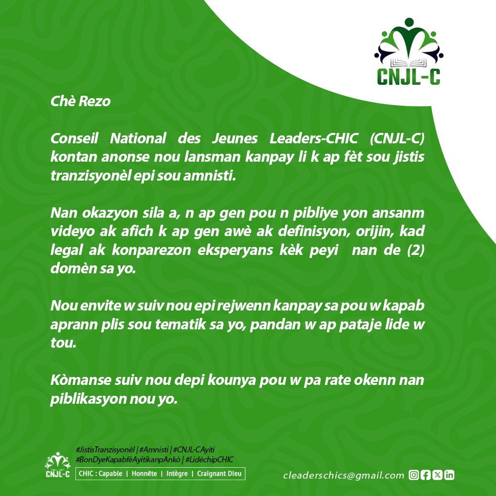 cnjl_c's tweet photo. Kisa jistis tranzisyonèl la ye ? Èske jistis tranzisyonèl la ka ede Ayiti soti nan katchouboumbe li ye a epi mete kanpe ankò yon Leta ki chita sou lalwa ? Èske n dwe bay sila k t ap fè gwo krim an Ayiti yo amnisti jis pou favorize rekonsilyasyon ak lapè ? https://t.co/itYqpr6ZMb