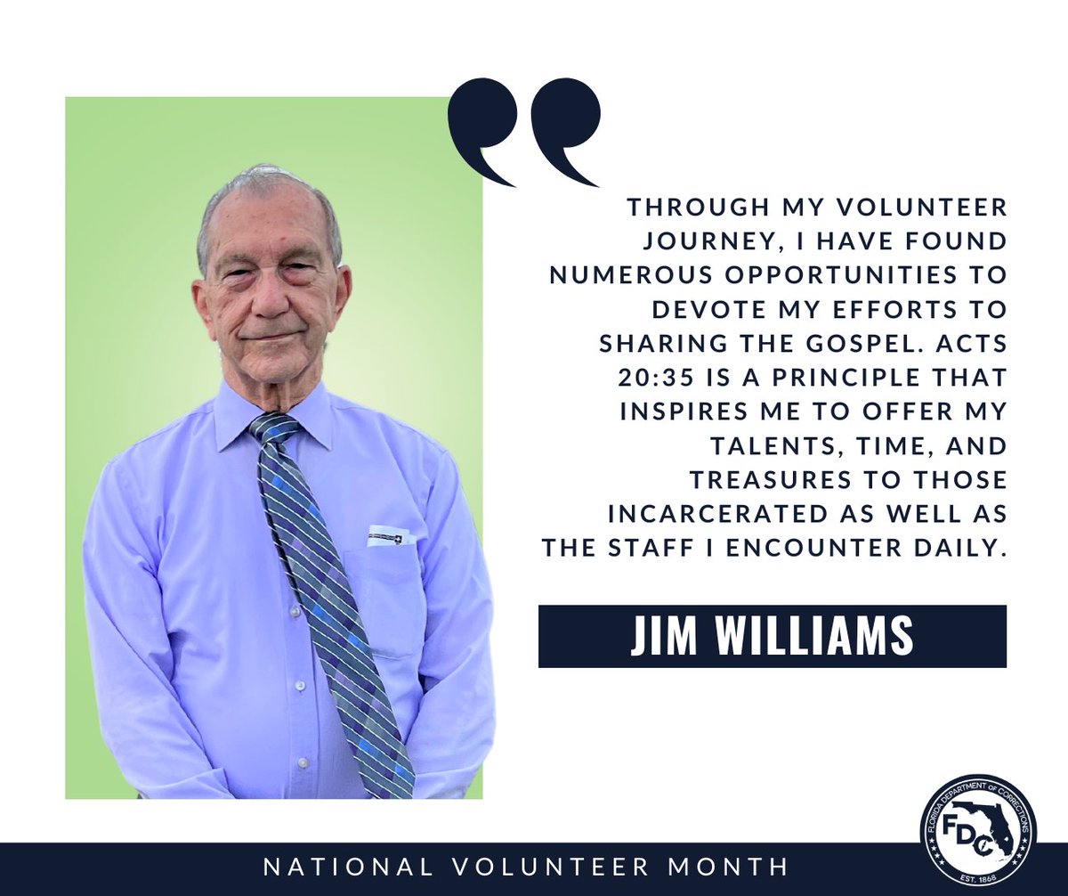 In honor of #NationalVolunteerMonth, FDC recognizes Jim Williams for 50 years of dedicated service! He has led inmate Bible studies and advocated for correctional officer support. We extend our gratitude for his selfless contributions!