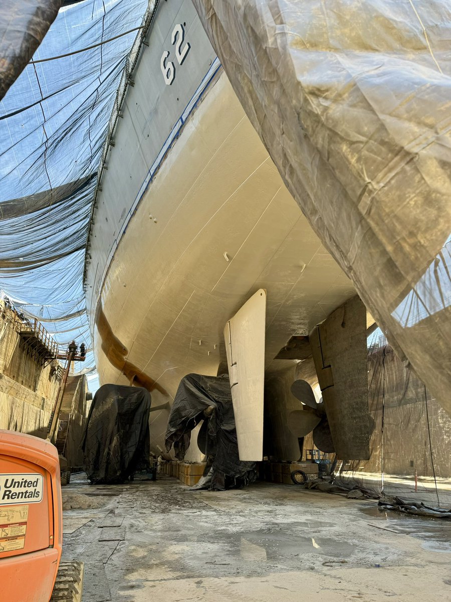 Painting the underwater hull has begun! Our new system of coatings will protect the hull for the next 30 years, and is designed to better suit the Battleship where she’s permanently moored on the Delaware River. #DryDockNJ